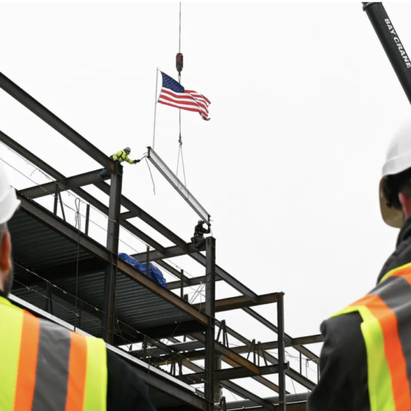 Construction workers watch as a crane lifts a beam with an American flag attached to it.