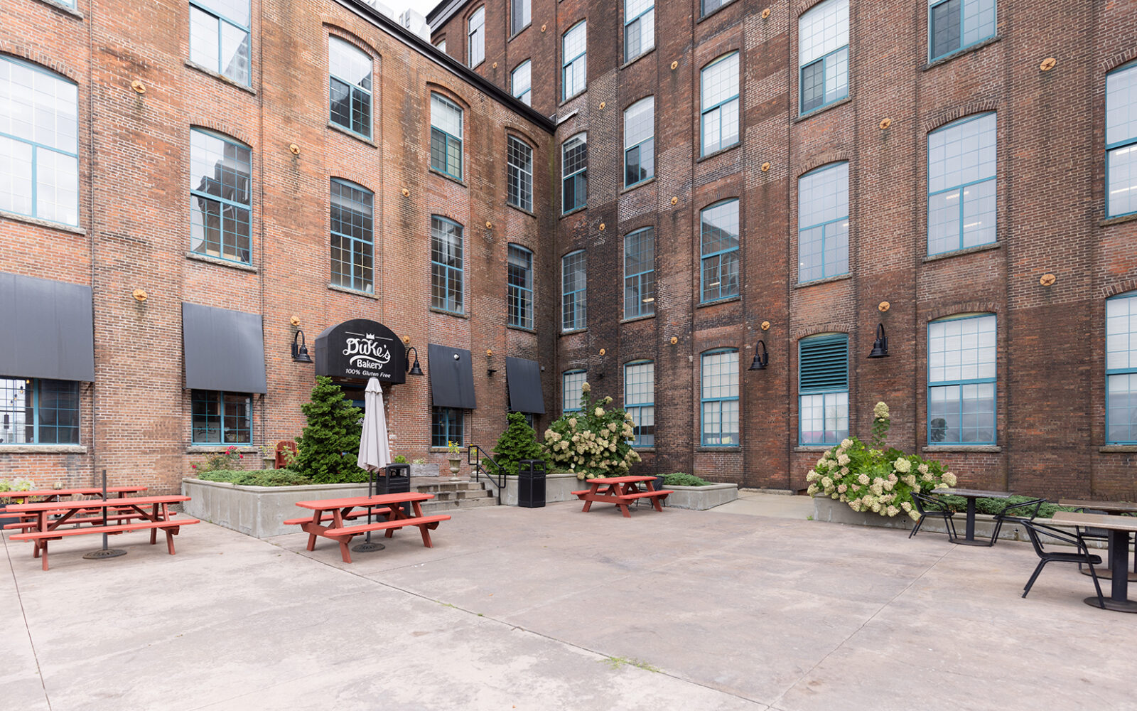 Outdoor seating area with red picnic tables, greenery, and a sign for Duke's Bakery.