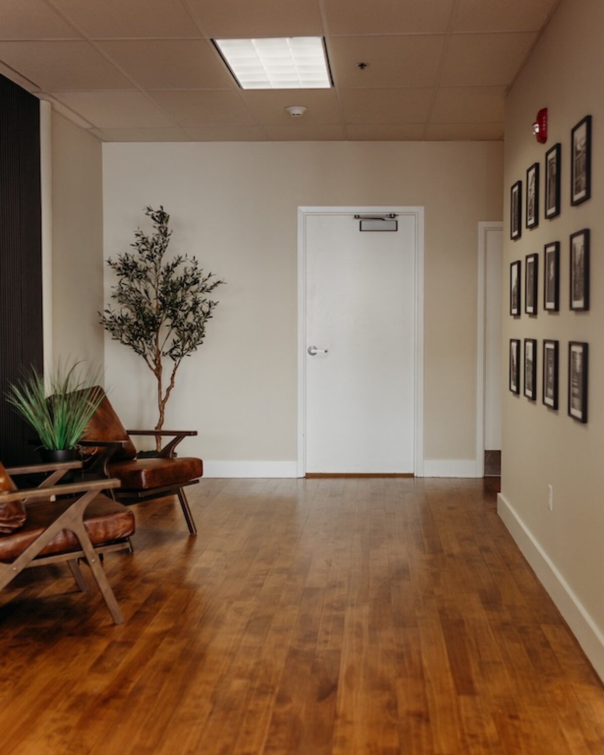 A hallway with wooden flooring, two chairs, a plant, and framed pictures on the wall. A door is visible at the end.