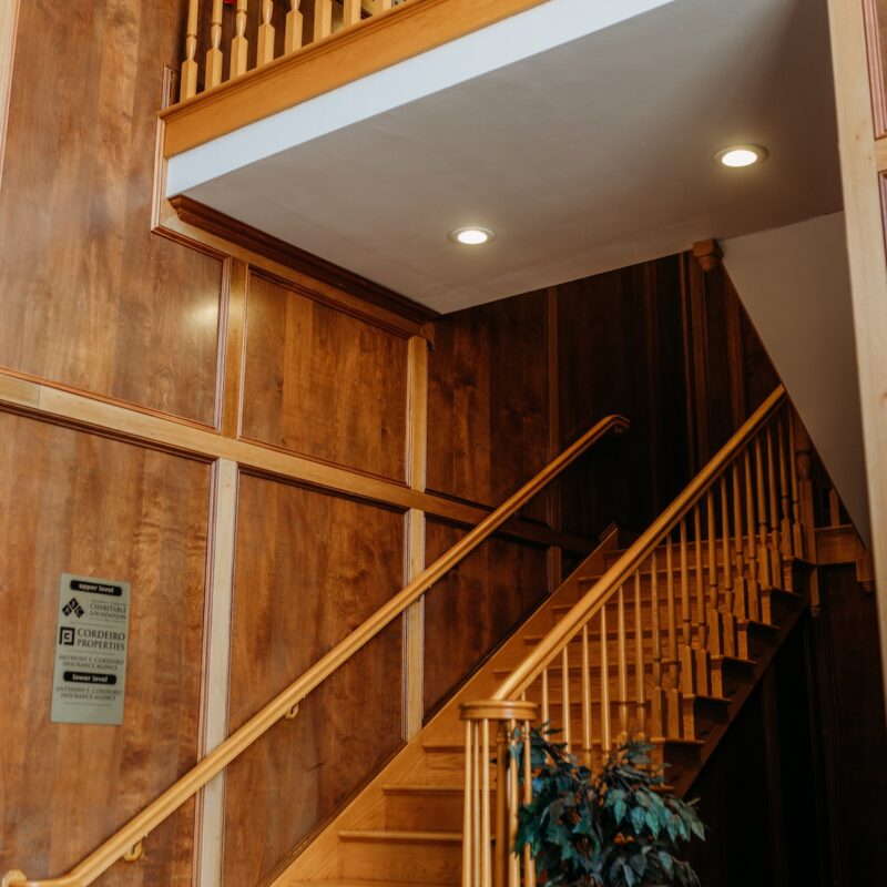 Wooden staircase leads to an upper level, flanked by a potted plant and wooden paneling.